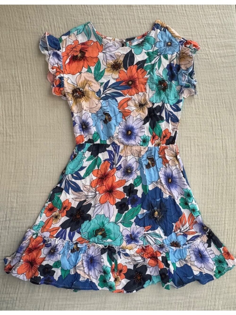 ONeill Girls Floral Print Short Sleeve Dress Elastic Waist Ruffled Hem Size M